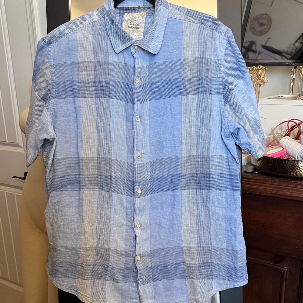 Tasso Elba XL Light Blue and Gray Plaid Short-Sleeve Button-Up Shirt